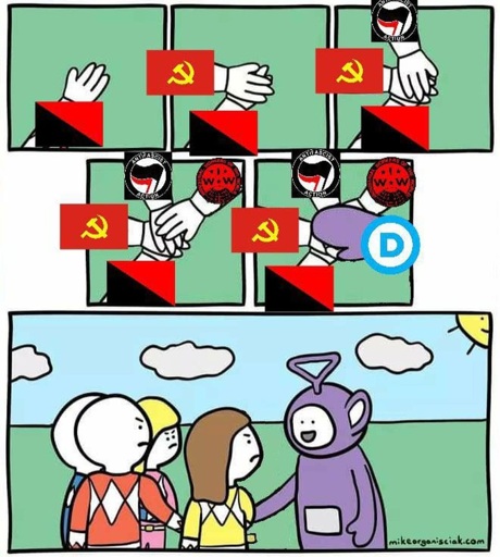 comic panel sequence shows hands stacking one on another, anarchist red/black flag, communist flag, antifa flag, IWW flag, then last hand is different (Democratic Party logo). The final panel shows the first hands are all Power Rangers, while the last hand is a Teletubby. 
