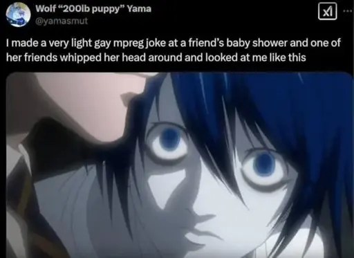 Twitter™ "I made a very light gay mpreg joke at a friend's baby shower and one of her friends whipped her head around and looked at me like this" by twitter™ user "@yamasmut"